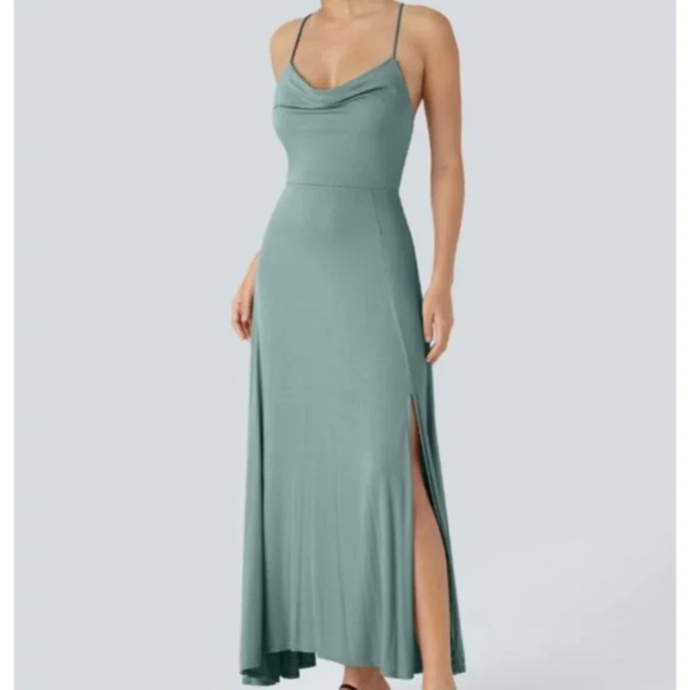Halara Soft Stretchy Draped Neck Open Back Lace Up Padded Maxi Dress Size Medium - Picture 2 of 15